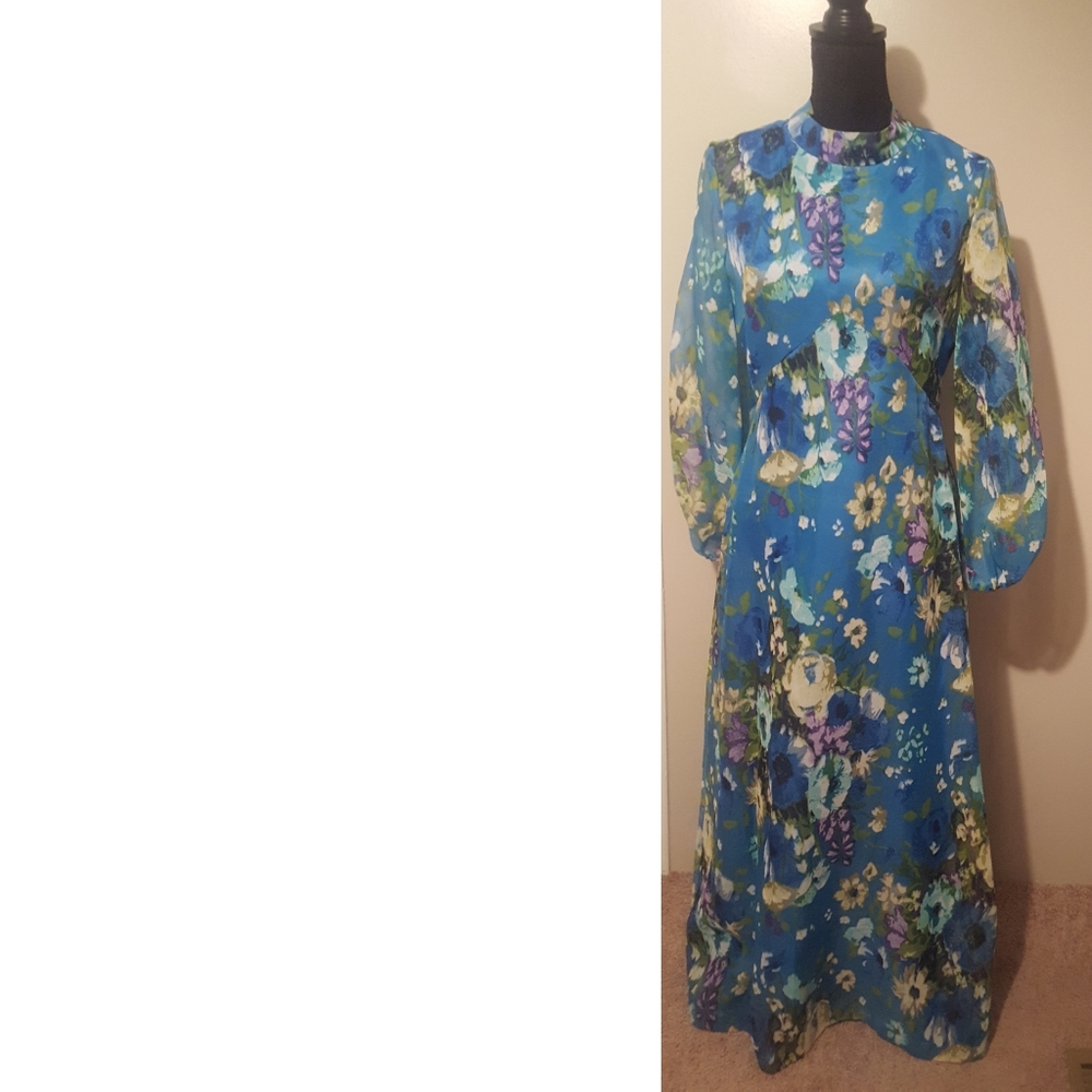 ❄Vintage 70s Blue/Purple Dress w/ Mandarin Collar
